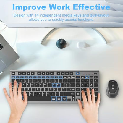 Rechargeable Wireless Keyboard and Mouse, with Number Pad Grey | Quiet Silent, Slim Thin Flat Low Profile Soft Key, USB C, with Skin Cover, Ergonomic Mouse, for Mac Windows PC, Home Office - color: Black Grey