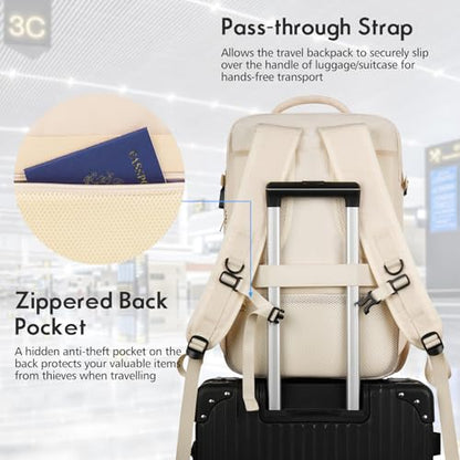 Large Travel Backpack Women, Flight Approved Carry On Backpack, Water Resistant Anti-Theft Large Casual Daypack Fit 17 Inch Laptop with USB Charging Port, Beige - color: Beige, size: 17.3 inch