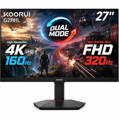 KOORUI 27" 4K Gaming Monitor - Dual Mode UHD 160Hz or FHD 320Hz, Fast IPS 1ms, FreeSync Premium & G-SYNC Compatible, HDMI 2.1/DP 1.4, HDR400, Height/Pivot/Tilt Adjustable, PC & Console Ready, G2741L - size: 27" Dual Mode (4K 160Hz / FHD 320Hz)
