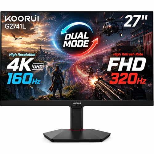 KOORUI 27" 4K Gaming Monitor - Dual Mode UHD 160Hz or FHD 320Hz, Fast IPS 1ms, FreeSync Premium & G-SYNC Compatible, HDMI 2.1/DP 1.4, HDR400, Height/Pivot/Tilt Adjustable, PC & Console Ready, G2741L - size: 27" Dual Mode (4K 160Hz / FHD 320Hz)
