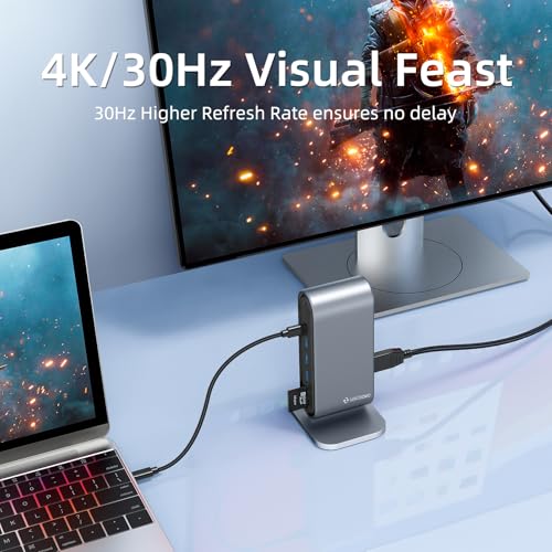 LUKCOZMO USB3.0 Universal Docking Station with 100W Charging, Dual Monitor for Windows and Mac, USB 3.0 or USB-C (HDMI, 1x USB-C, 4X USB3.0,VGA1080P, Ethernet, Audio, TF/SD Card Reader)