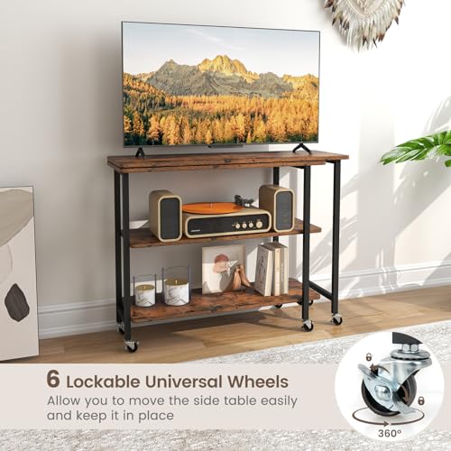 Giantex 360° Free Rotating Sofa Side Table, Mobile L-Shaped Laptop Desk with Sturdy Metal Frame, 6 Universal Casters, Movable Couch Snack Table with 2-Tier Storage Shelf for Home (Rustic Brown) - color: Rustic Brown