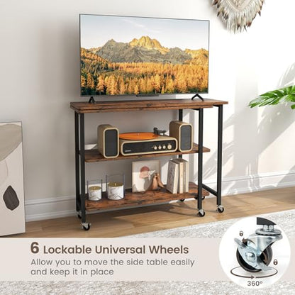 Giantex 360° Free Rotating Sofa Side Table, Mobile L-Shaped Laptop Desk with Sturdy Metal Frame, 6 Universal Casters, Movable Couch Snack Table with 2-Tier Storage Shelf for Home (Rustic Brown) - color: Rustic Brown