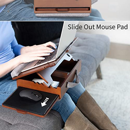 SideKiix Wooden Tilting Lap Desk for Writing, Drawing, Laptop Work, and More, Height Adjustable Compact Table with Slide-Out Mouse Pad, Internal Storage, Wrist Support, Dark Wood, SX-LAPD-1