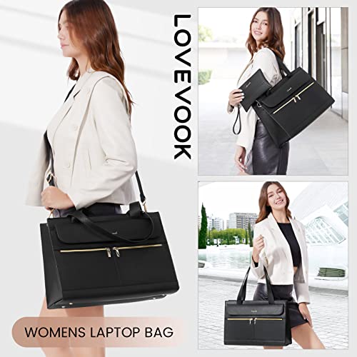 LOVEVOOK Laptop Tote for Women - 15.6 Inch Professional PU Leather Computer Briefcase, Waterproof Handbag, Large Capacity Business Teacher Office Bag, Crossbody Purse - Black - color: Black-2, size: 15.6 Inch