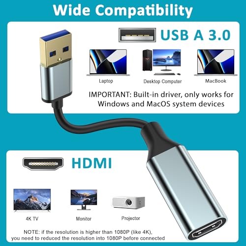 Herfair USB to HDMI Adapter 1080P Monitor Connector with Built-in Driver | USB-A to HDMI Converter Support Windows 11/10/8.1/8/7 & MacOS Laptop, PC, Computer, MacBook (USB Male HD Female)
