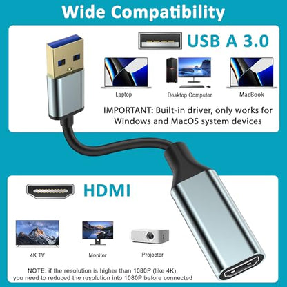 Herfair USB to HDMI Adapter 1080P Monitor Connector with Built-in Driver | USB-A to HDMI Converter Support Windows 11/10/8.1/8/7 & MacOS Laptop, PC, Computer, MacBook (USB Male HD Female)