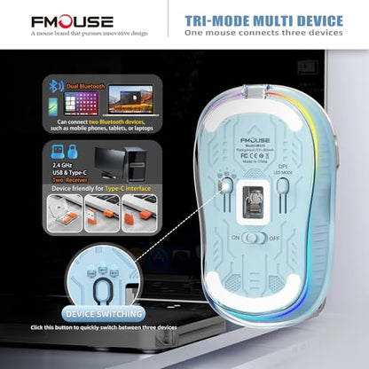 FMOUSE Transparent Wireless Mouse, Tri-Mode Bluetooth & 2.4GHz, Blue | USB-A & USB-C Receiver | Rechargeable | 3 Devices for MacBook Laptop iPad PC | Silent Clicks | Portable | RGB | 4-Level DPI - color: Blue