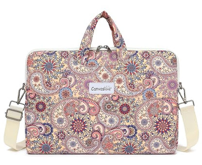 Laptop Bag, Messenger Shoulder Bag with Adjustable Strap Purple Paisley Floral - color: Black With White and Blue Floral Pattern