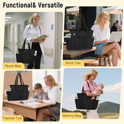 Puffer Tote Bag with Large Cup Holder& 15.6 Inch Laptop Compartment, Lightweight Puffy Work Bag with Water Bottle Pocket, Large Laptop Tote with Clutch Purse for Women Teacher Nurse (Black) - color: Black