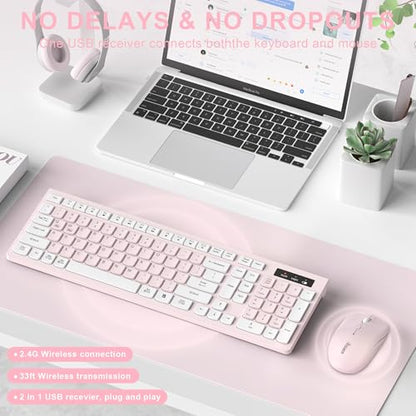 Wireless Keyboard and Mouse Combo, Reccazr 2.4G Full-Sized Keyboard and Mouse Cordless, 3 DPI Adjustable Mouse, Dual-System Keyboard for Computer/Laptop/Windows/Mac (Pink & White) | Silent 2.4G Full Size Cordless Keyboard with Tilt Legs,3-Level DPI Quiet