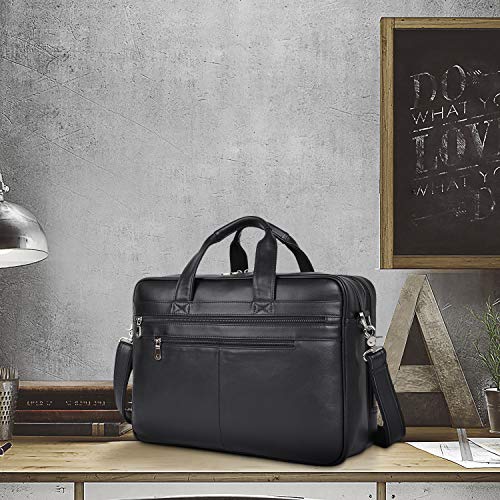 Polare Full Grain Napa Leather 17" Briefcase Work Bag Business Case For Men | Cowhide Leather, Business Travel Laptop Case, Padded Compartment Fits 15.6" Laptop, YKK Zippers - color: Black(updated Version)