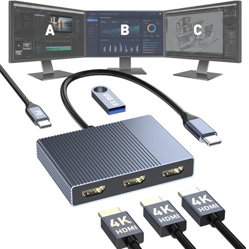 USB C to 3 HDMI Adapter with PD 100W/USB3.0, 4K@60Hz 3 Way HDMI Splitter Extended Display for 3 Monitors, Triple Monitor Docking Station for Dell/HP/Mac Laptop, SST/MST USBC Hub for Multiple Monitors