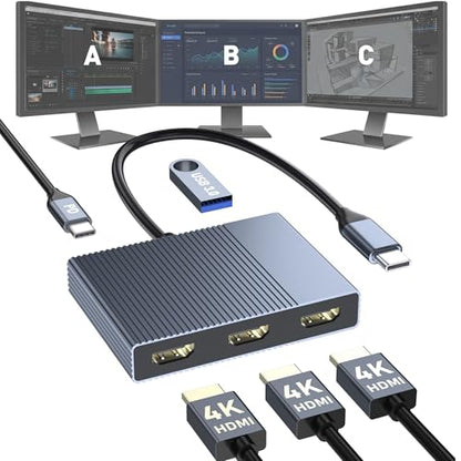 USB C to 3 HDMI Adapter with PD 100W/USB3.0, 4K@60Hz 3 Way HDMI Splitter Extended Display for 3 Monitors, Triple Monitor Docking Station for Dell/HP/Mac Laptop, SST/MST USBC Hub for Multiple Monitors