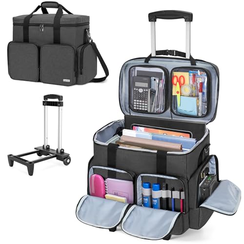 Rolling Teacher Tote Bag with 2 Detachable Pouches for Work, Black | Wheeled Teacher Uility Bag with 15.6" Padded Laptop Sleeve, Large Briefcase with Detachable Trolley for Women - color: Black