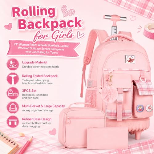 AGSDON Rolling Backpack for Girls, 21" Women Roller Wheels Bookbag, Laptop Wheeled Suitcase School Backpacks with Lunch Bag for Teens - color: Square Pink