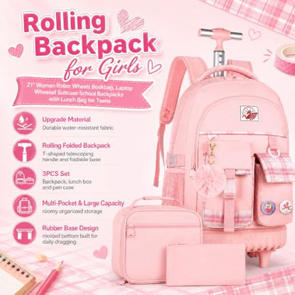 AGSDON Rolling Backpack for Girls, 21" Women Roller Wheels Bookbag, Laptop Wheeled Suitcase School Backpacks with Lunch Bag for Teens - color: Square Pink