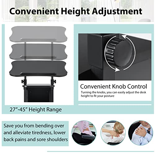Tangkula Mobile Laptop Podium Set of 2, Height Adjustable Sit to Stand Desk with Tilting Desktop & Storage Cabinet, Ergonomic Rolling Lectern Cart Laptop Desk, Office Podium Stand on Wheels - color: Black, size: 21.5" x 15.5" x 45"