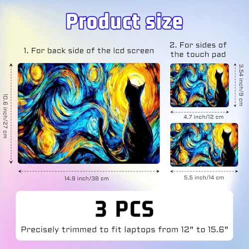 Universal Laptop Skin Sticker Decal, Compatible with MacBook HP Dell Lenovo 12"-15.6", Reusable Vinyl Notebook Cover 3PCS Set, High-Recognition Film-Van Gogh Starry Night Cat - color: Black Cat Starry Night