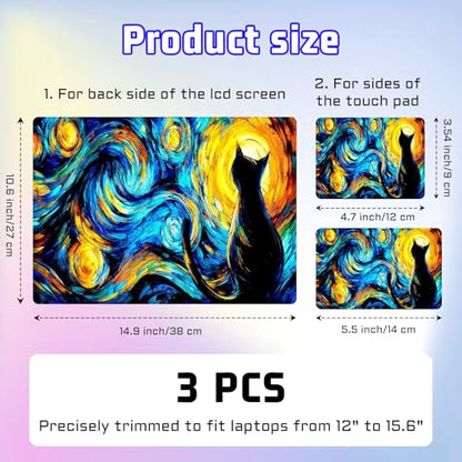 Universal Laptop Skin Sticker Decal, Compatible with MacBook HP Dell Lenovo 12"-15.6", Reusable Vinyl Notebook Cover 3PCS Set, High-Recognition Film-Van Gogh Starry Night Cat - color: Black Cat Starry Night