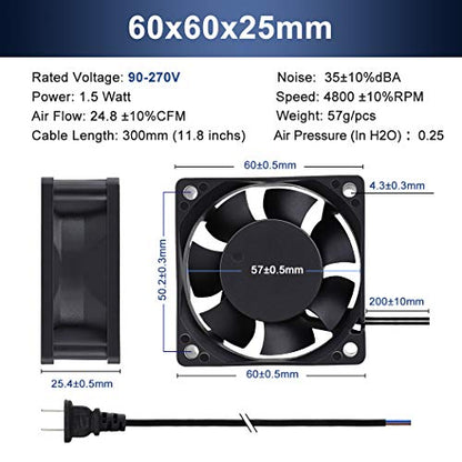 Wathai EC AC Axial Brushless Cooling Fan 110V 120V Dual Ball 60mm x 25mm | 110V - 240V 2 inch 60mm Muffin Mini Fan Big Airflow 60x60x25mm for External Electronics Cooling - style: 60x25mm