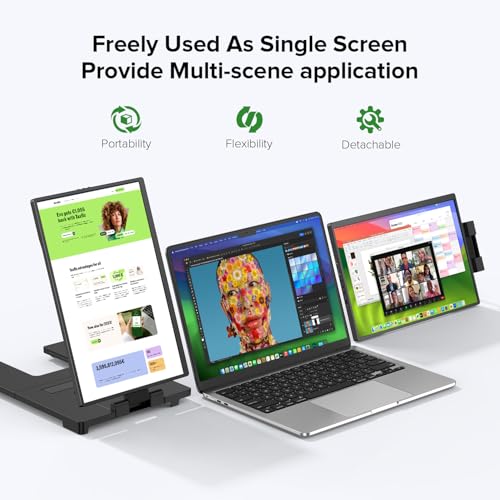 UPERFECT Laptop Screen Extender, 2K 14" 360° Patented Unique Swivel Hinge | Triple Monitor, 2240x1400 QHD IPS Portable Dual Monitor for 14"-17'' Laptops, Plug & Play, USB-C & MINI HDMI - size: 14"