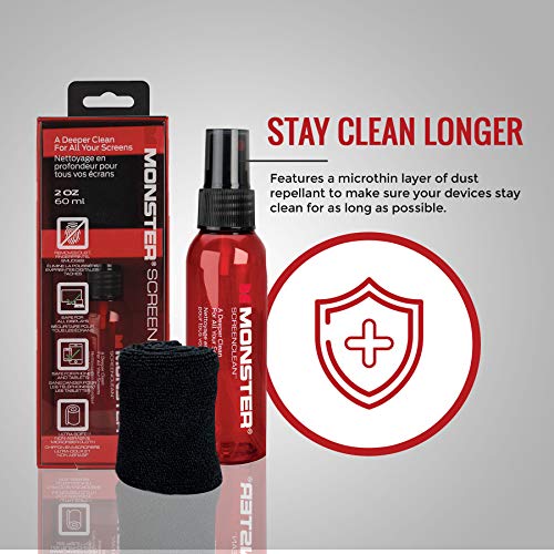 Monster Screen Cleaner Kit with Microfiber Cloth, 60 mL Screen Cleaner Spray for TVs, Monitors, Laptops, Tablets, Smartphones, Eyeglasses, LCD LED OLED Display Cleaner