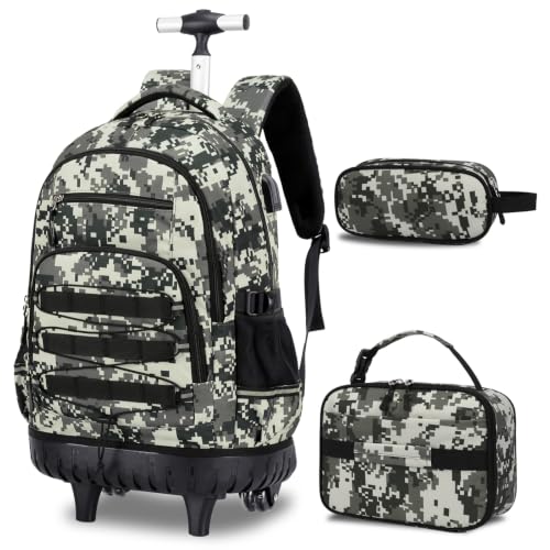 ACESAK Camo Rolling Backpack Boys, Tactical Kids Backpack Boys, Kids Suitcase for Boy Teens Elementary Middle High School, Military Backpack with Wheels and Lunch Bag Pencil Case Set (Camo Green) - color: Camo Green