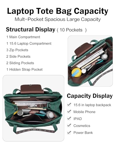 Large Laptop Tote Bag for Women Designer Leather Laptop Bag, 15.6in | Fashion Travel Backpack Purse Shoulder Handbag Fits 15.6 Laptop, Daily, Work, Business Trip, Weekend Travel, Teacher - color: Turquoise Green