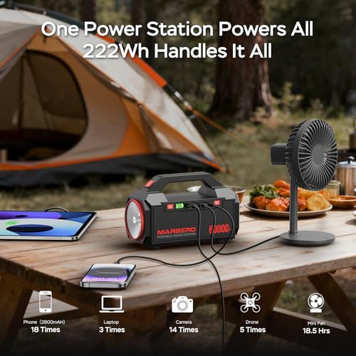 MARBERO Power Bank 60,000mAh Portable Power Station 222Wh with 60W PD Fast Charge & LED Light for Home Backup Outdoor Camping RV Travel and Emergency Power Supply - color: Red Black