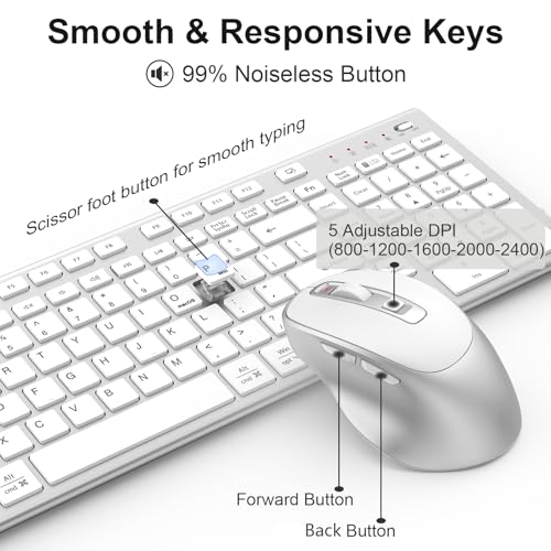 Rechargeable Wireless Keyboard and Mouse, with Number Pad Silver | Quiet Silent, Slim Thin Flat Low Profile Soft Key, USB C, with Skin Cover, Ergonomic Mouse, for Mac Windows PC, Home Office - color: Silver