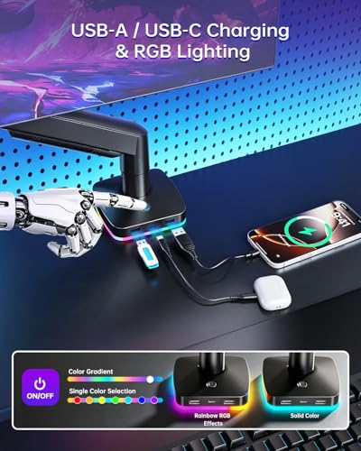 Afaloona RGB Gas Spring Monitor Arm with USB Hub for 13-32" Monitors | 3 USB ports (2 USB-C + 1 USB-A), Charging and Data Transfer, Full Motion Adjustable, Max Load 19.8lbs, Max VESA 100x100mm - size: RGB Gas Spring Monitor Stand