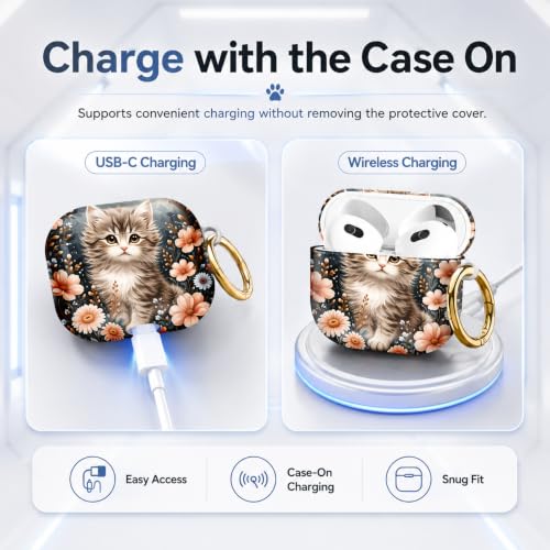 Compatible with AirPod 4 Case 2024, Cute Hard Plastic Protective Cover for Airpod 4th Generation Women, Shockproof Shell Skin with Gold Ring Keychain,Cute Cat Floral - color: Cute Cat Floral