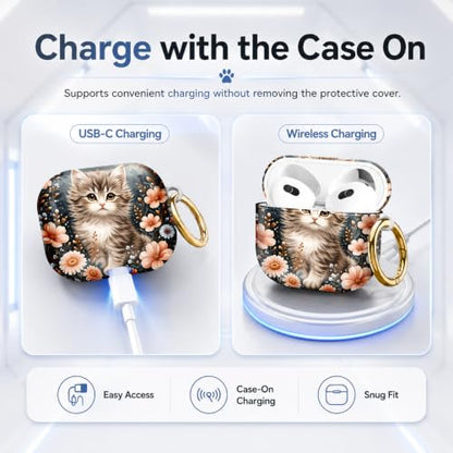 Compatible with AirPod 4 Case 2024, Cute Hard Plastic Protective Cover for Airpod 4th Generation Women, Shockproof Shell Skin with Gold Ring Keychain,Cute Cat Floral - color: Cute Cat Floral