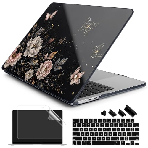 Batianda Case for MacBook Air 15" 2026 M5 M4 M3 M2 Chip, Midnight Bloom | 4-in-1 set with dark floral butterfly design, slim hard shell protection for women, students and creators - color: Midnight Bloom