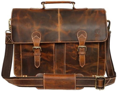RUSTIC TOWN Handmade Leather Shoulder Briefcase Messenger Bag Mens 16 inch Laptop Satchel - color: Brown