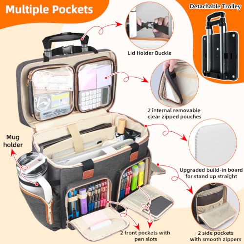 Rolling Teacher Tote Bag with Detachable Trolley, 5-Wheeled Teacher Bag with 15.6 inch Laptop Compartment& Accordion File Organizer, Multifunctional Rolling Briefcase for Teaching& Office