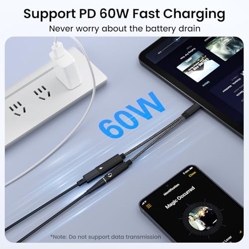 2 in 1 USB C to 3.5mm Headphone and Charger Adapter, USB C to AUX Mic Jack with PD 60W Fast Charging for Stereo, Earphones, Compatible with iPhone 17/16, Samsung Galaxy S25/S24, Google Pixel 9/8