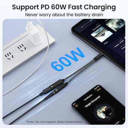 2 in 1 USB C to 3.5mm Headphone and Charger Adapter, USB C to AUX Mic Jack with PD 60W Fast Charging for Stereo, Earphones, Compatible with iPhone 17/16, Samsung Galaxy S25/S24, Google Pixel 9/8 - color: Black