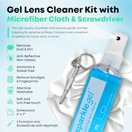 Sparkle Anti-Reflective Safe Gel Lens Cleaner & Repair Kit – (2) 2oz Glasses Cleaner Spray, (2) Microfiber Cloth & Keychain Screwdriver for Eyeglasses, Lenses & Screens (5 Piece Set) - size: 2 Fl Oz (Pack of 2), style: 2x2oz Lens Spray + 2 Microfiber Clot
