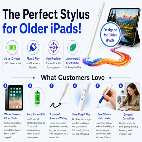 Stylus Pen Pencil 1st Generation Gen Replacement for Apple iPad Pro 1st iPad 1st 2nd 3rd 4th 5th iPad Mini 1 2 3 4 iPad Air 1st 2nd iOS Android Capacitive Tablet Touch Screen + Free Holder (White) - color: White