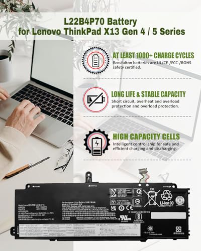 54.7Wh L22B4P70 L22C4P70 L22M4P70 for Lenovo ThinkPad X13 Gen 4,ThinkPad X13 Yoga Gen 4, ThinkPad X13 Gen 5, ThinkPad X13 2-in-1 Gen 5 Series – Parts Number L22D3P76 L22C3P74 L22M3P76 – 15.48V - size: 9.61*4.06*0.21 IN L22B4P70