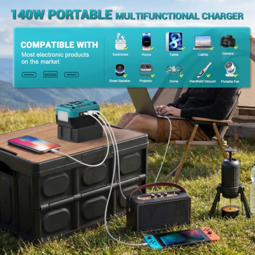 140W Fast Battery Bidirectional Charger Compatible with Makita 18V Battery | Dual USB-C 140W Output, Single USB-A 18W Output, Maximum Output of 280W, 700LM LED Work Light & LED Display (No Battery) - color: Blue