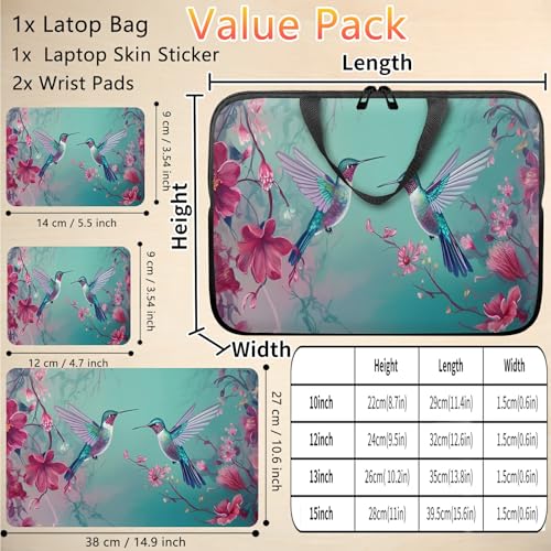 10 inch Laptop Sleeve with Laptop Skin Sticker Set – Slim Protective Case with Smooth Zipper, Lightweight Tablet & Notebook Sleeve for Travel & Daily Carry, Hummingbirds Pink Flowers - color: Hummingbirds Pink Flowers, size: 10 inch