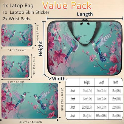 10 inch Laptop Sleeve with Laptop Skin Sticker Set – Slim Protective Case with Smooth Zipper, Lightweight Tablet & Notebook Sleeve for Travel & Daily Carry, Hummingbirds Pink Flowers - color: Hummingbirds Pink Flowers, size: 10 inch