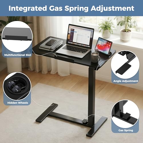 DUMOS Standing Desk with Wheels, Computer Cart, Rolling Table | Height Adjustable, Pneumatic Lift, Portable Workstation, Bed Sofa Hospital, Office Use, Black