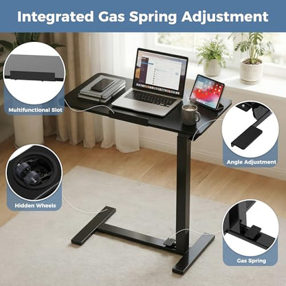 DUMOS Standing Desk with Wheels, Computer Cart, Rolling Table | Height Adjustable, Pneumatic Lift, Portable Workstation, Bed Sofa Hospital, Office Use, Black