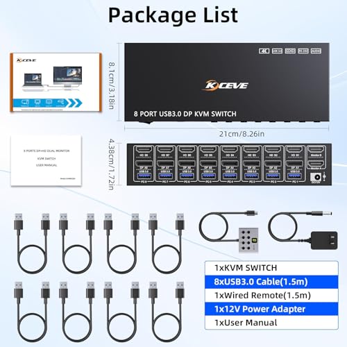 8 Port HDMI Displayport KVM Switch 2 Monitors 8 Computers 4K@60Hz EDID Simulation,8 PC Dual Monitor KVM Switch with 4 USB 3.0 Ports,Audio,RS232,with Wired Remote,12V Power Adapter and 8 USB Cable - size: 20 cm