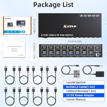 8 Port HDMI Displayport KVM Switch 2 Monitors 8 Computers 4K@60Hz EDID Simulation,8 PC Dual Monitor KVM Switch with 4 USB 3.0 Ports,Audio,RS232,with Wired Remote,12V Power Adapter and 8 USB Cable - size: 20 cm