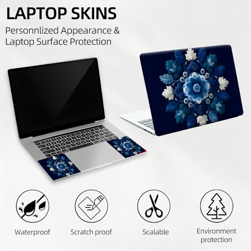 Navy Blue & White Leaf Mandala Universal Laptop Skin Sticker 3PCS, Protective Decal Trim-to-Fit 11.6" 13.3" 14" 15.6" Laptop Vinyl Cover, Removable Anti-Scratch Computer Decal Protector - color: Navy Blue & White Leaf Mandala